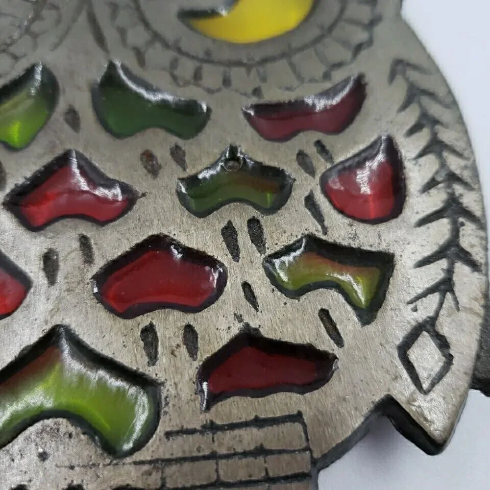 Vtg OWL Trivet Cast Metal Stained Glass Hot Plate Kitchen Kitsch Pot Rest Taiwan